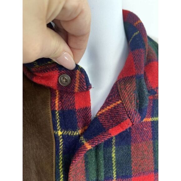 Vintage Chaps Ralph Lauren Mens Large Plaid Wool Shirt Elbow Patches Leather - Picture 13 of 15